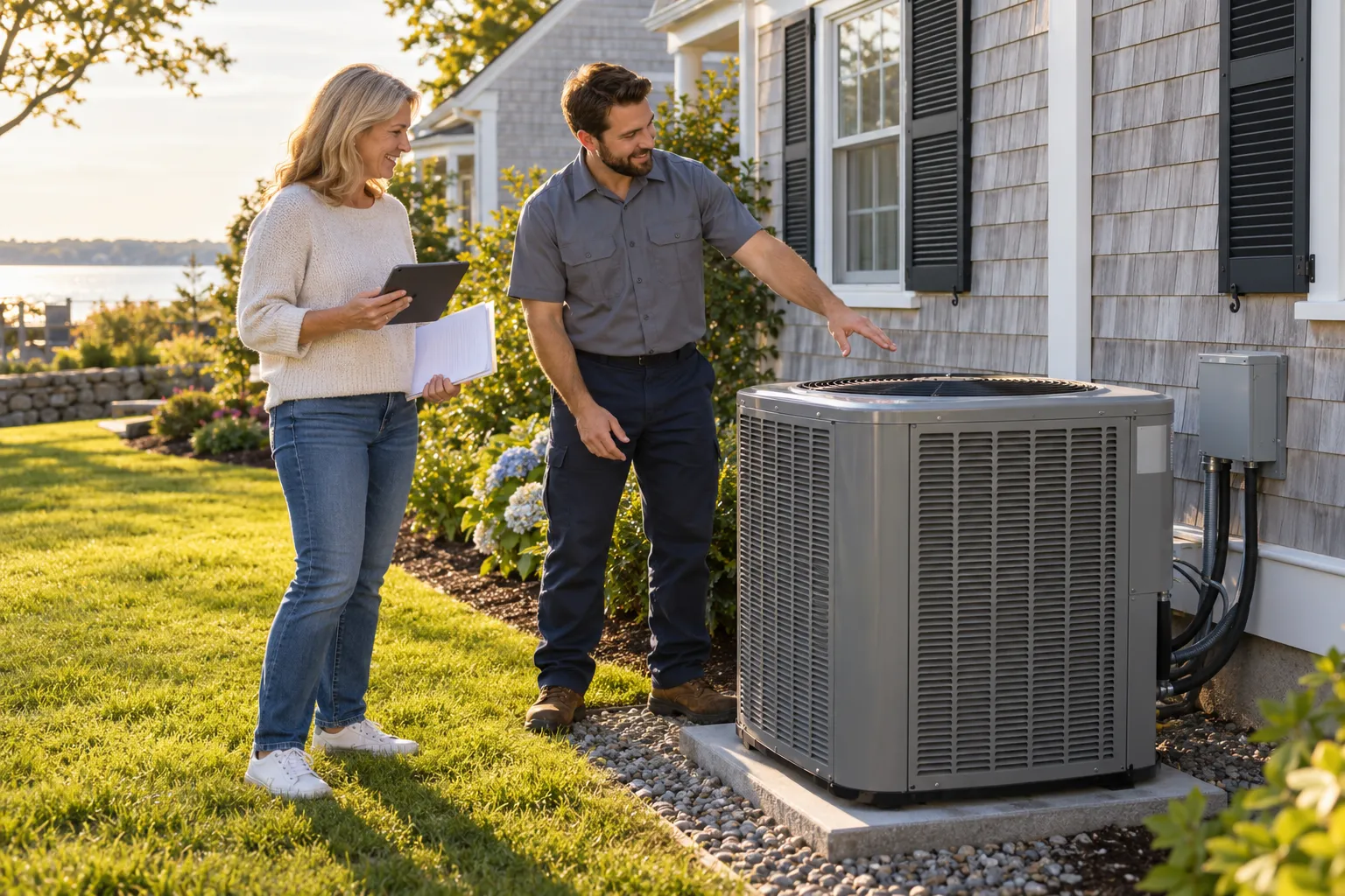 A homeowner reviewing a written AC replacement estimate near a new outdoor unit in Quogue