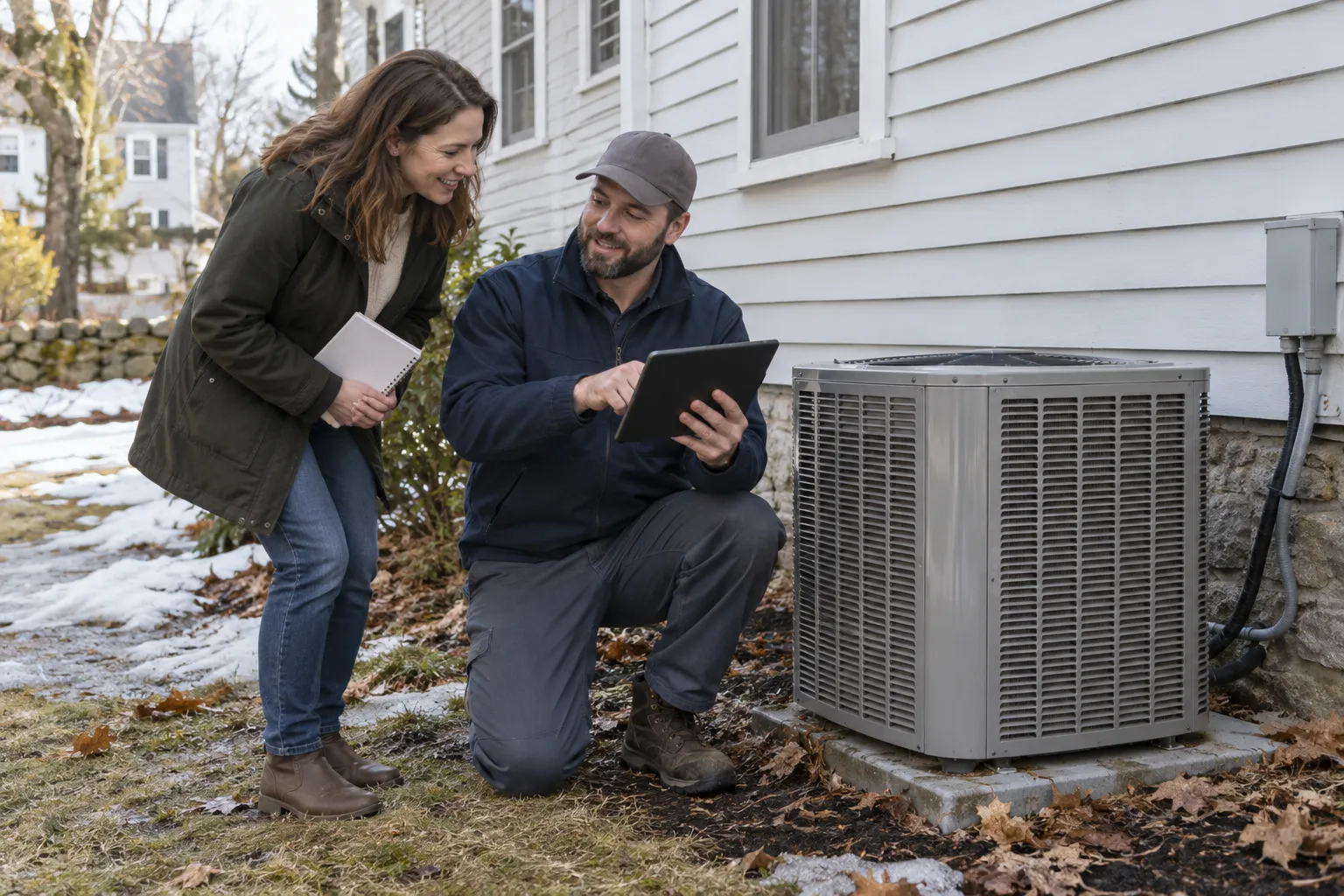 Independent HVAC provider checking an outdoor air conditioner with a homeowner in the Quogue area