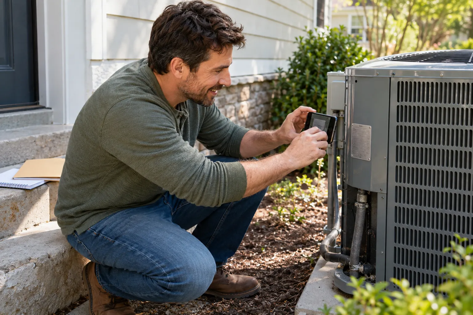 Homeowner photographing an AC unit data plate for a repair estimate in the Quogue area