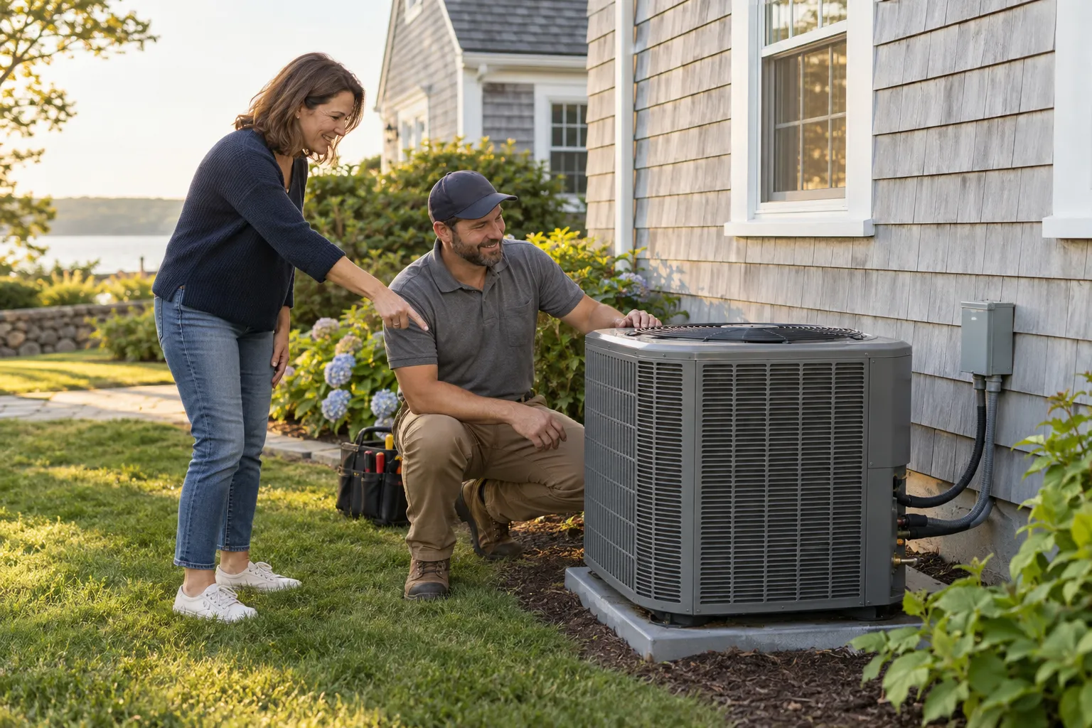 Homeowner checking a thermostat while an HVAC provider looks at an outdoor AC unit in Quogue